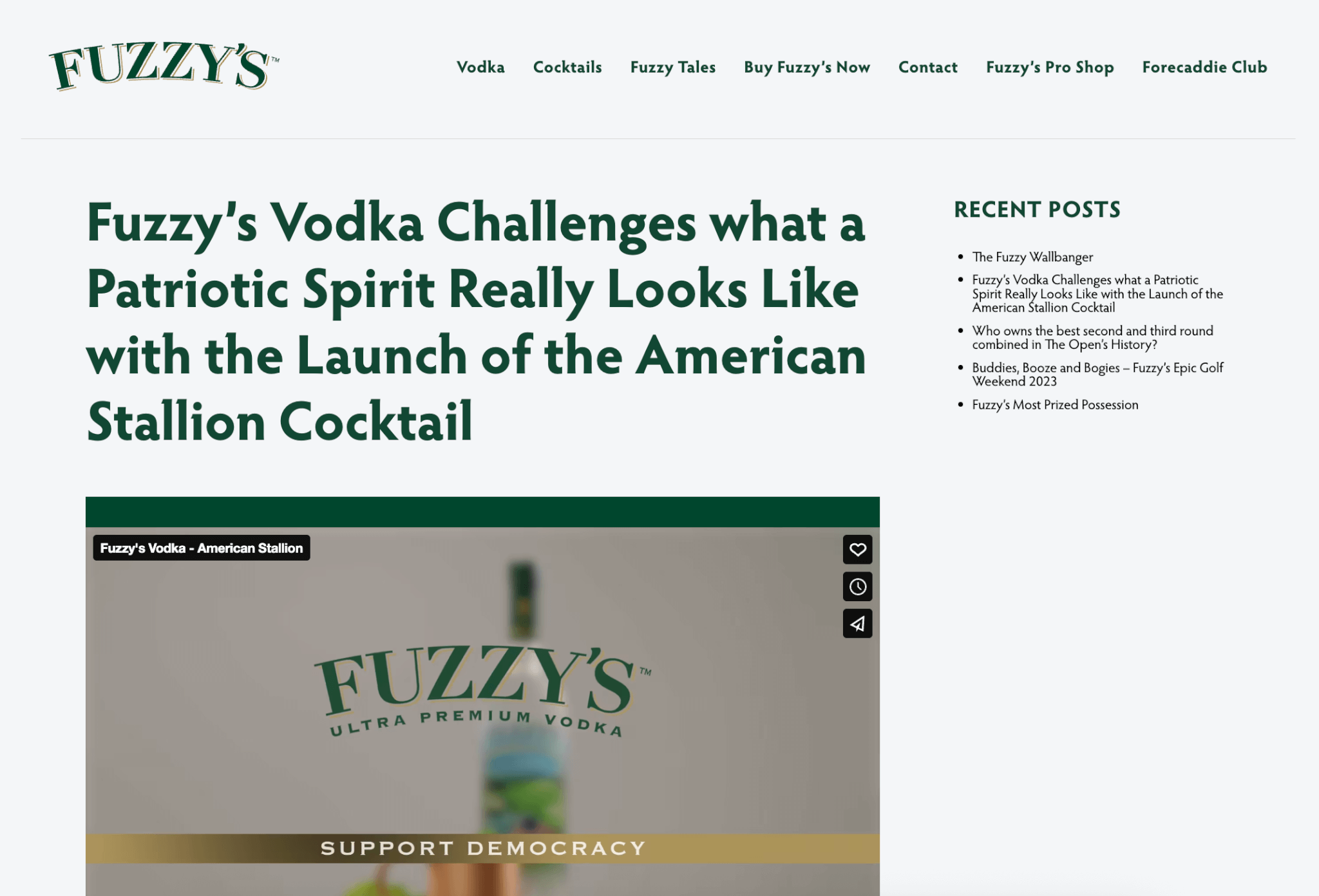 Fuzzy's Vodka website headline about Fuzzy's Vodka that reads: Fuzzy's Vodka Challenges what a Patriotic Spitir Really Looks like with the launch of the American Stallion Cocktail